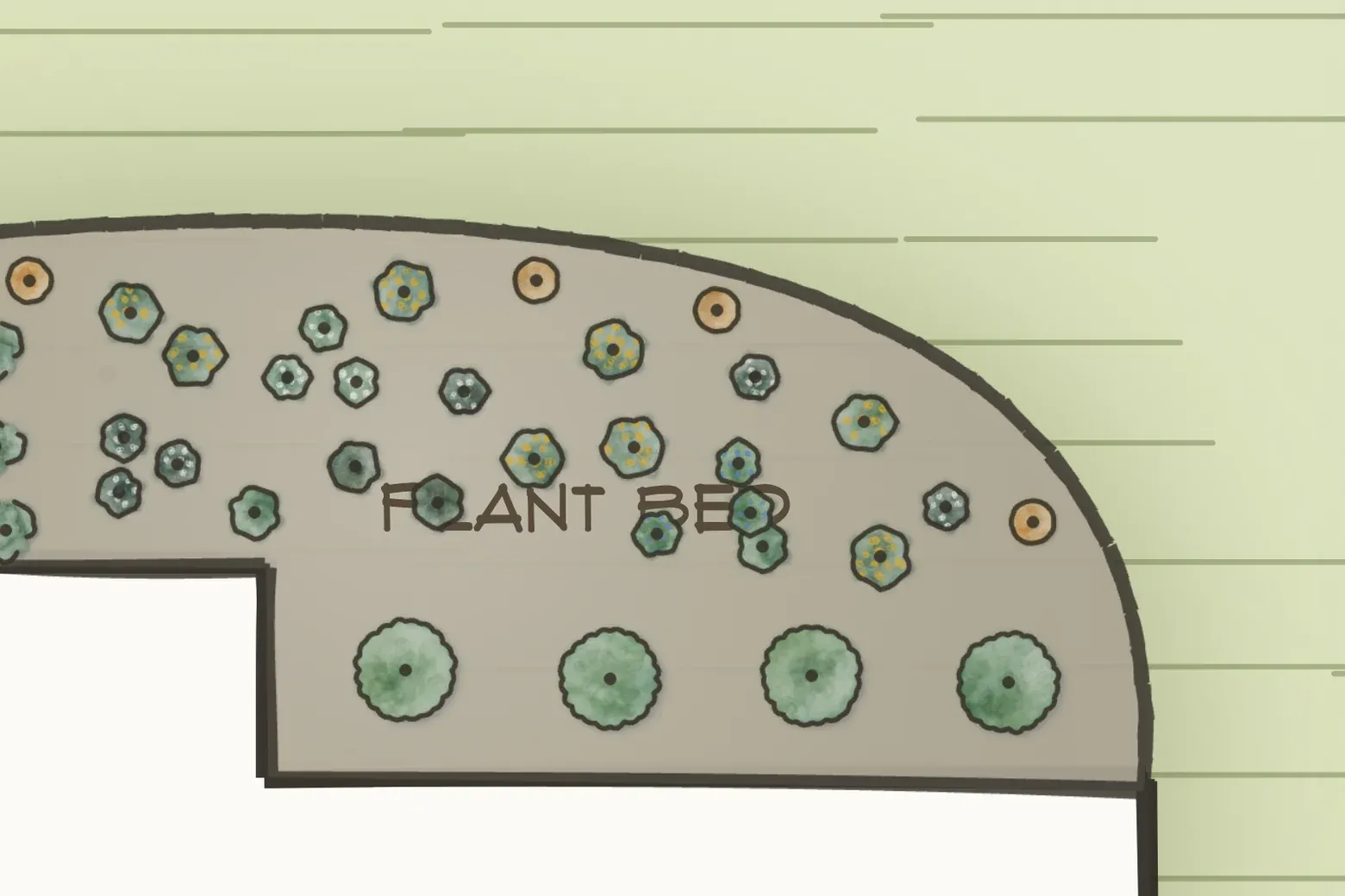 A curved planting bed in its first year — each shrub and perennial drawn small at its planting size, with bare mulch showing between them.