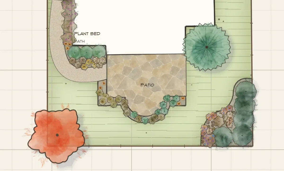 The same plan in fall — the corner maple turned orange and the perennial beds gone to warm bronze.