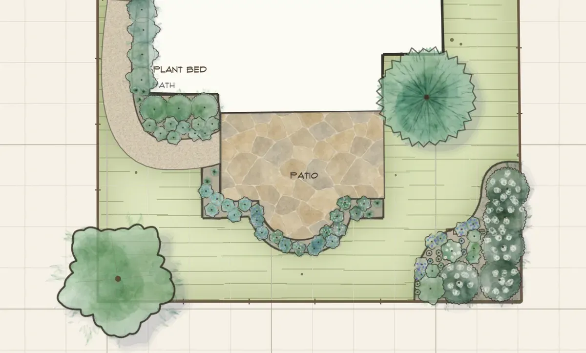 The Wilson Residence plan in spring — the specimen tree in blossom and early colour through the foundation beds.