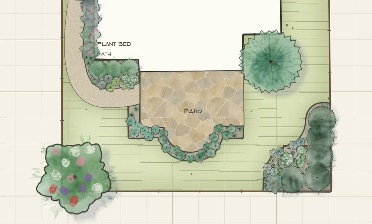 The same plan in summer — beds filled in around the patio and the lawn at its deepest green.