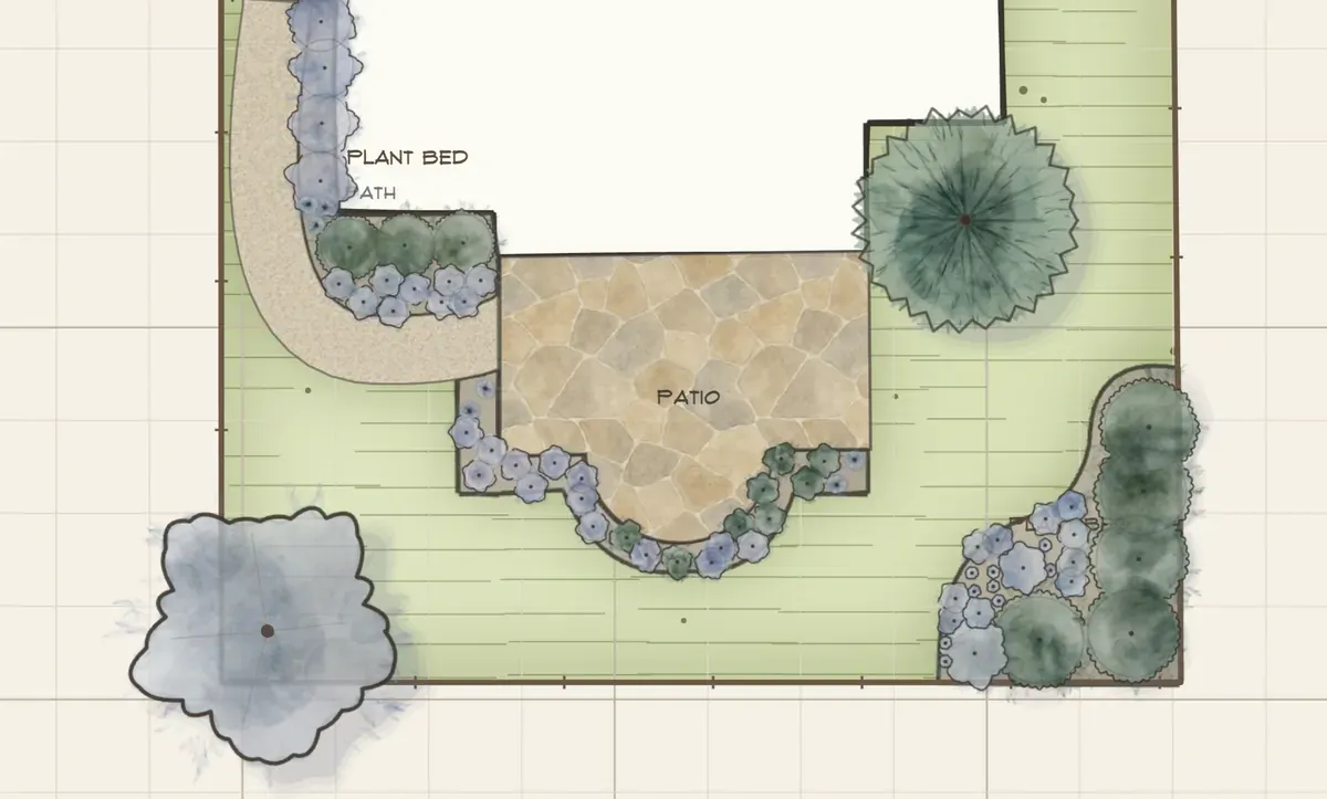 The same plan in winter — deciduous canopies bare, evergreen structure carrying the garden.